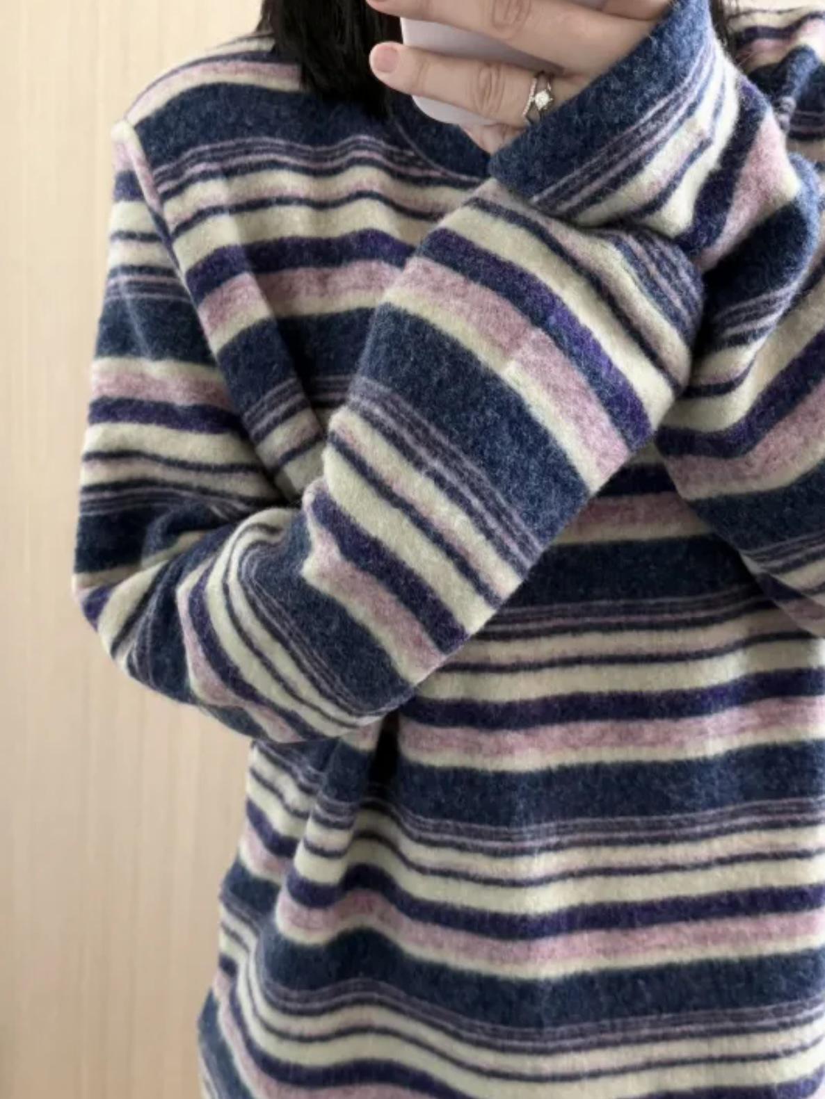 

Women s Retro Striped Fleece Base Layer - Thick, Double-Sided, and Warm One Size (50-70 kg) фиолетовый
