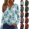 Women's Casual Christmas Print V-Neck Long Sleeve T-Shirt with Button