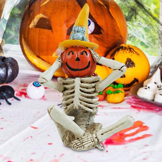 Halloween Skeleton Pumpkin Figurine Resin See Hear Speak No Evil Pumpkin Head Skeleton Statue for Home Haunted House Decor