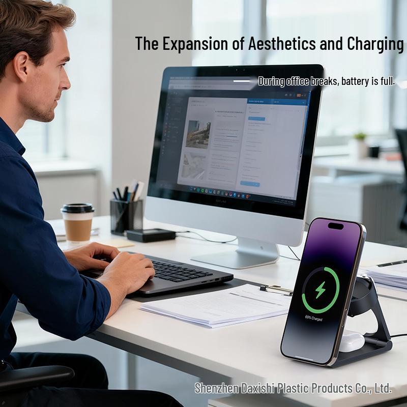 3-in-1 Foldable Wireless Magnetic Charger Stand for iPhone, Earbuds, and Watch - 15W Portable