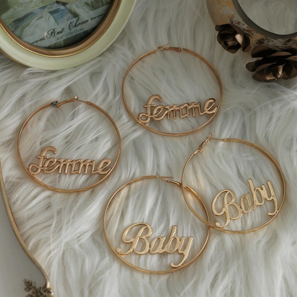 Party Gold Hip-hop Jewelry Gift Hyperbole Large Circle Femme Baby Letter Round Hoop Earrings