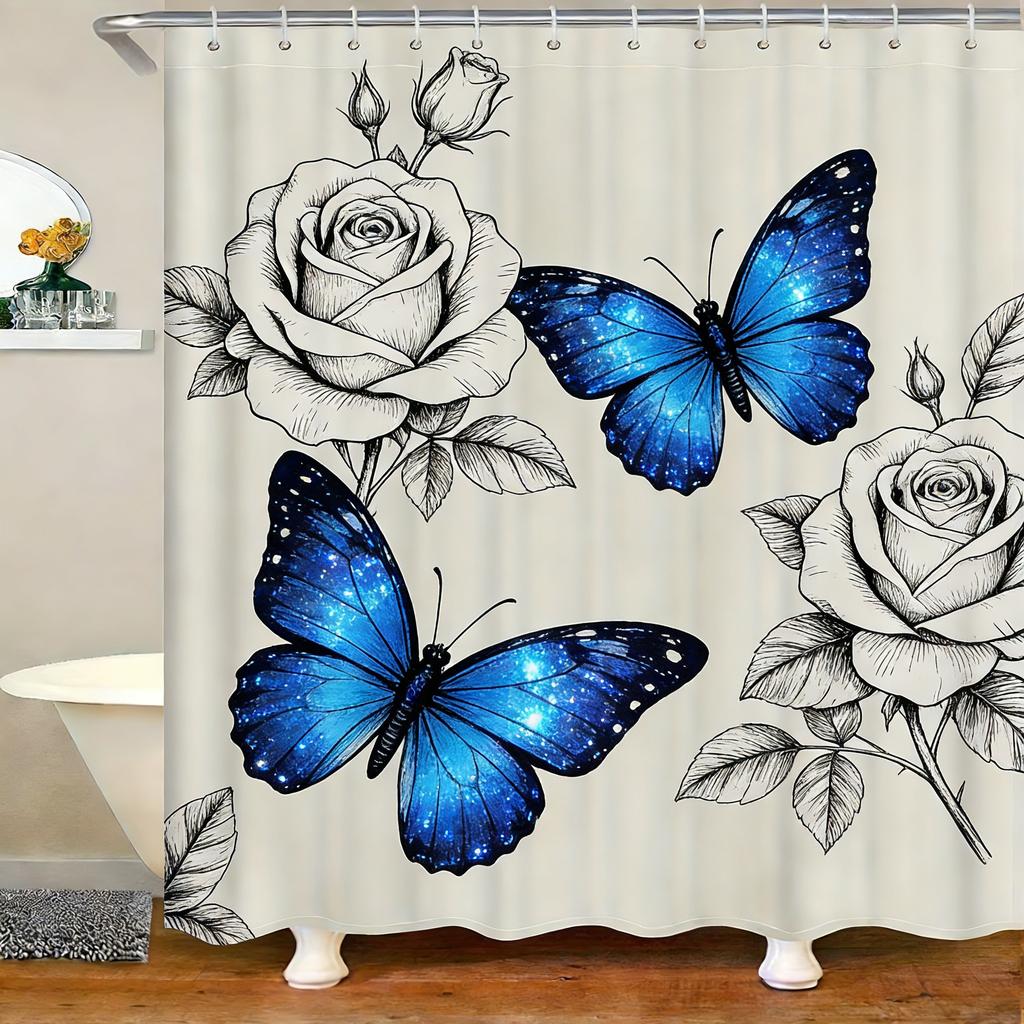 Vintage Moth & Floral Sketch Waterproof Shower Curtain for Bathroom Decor