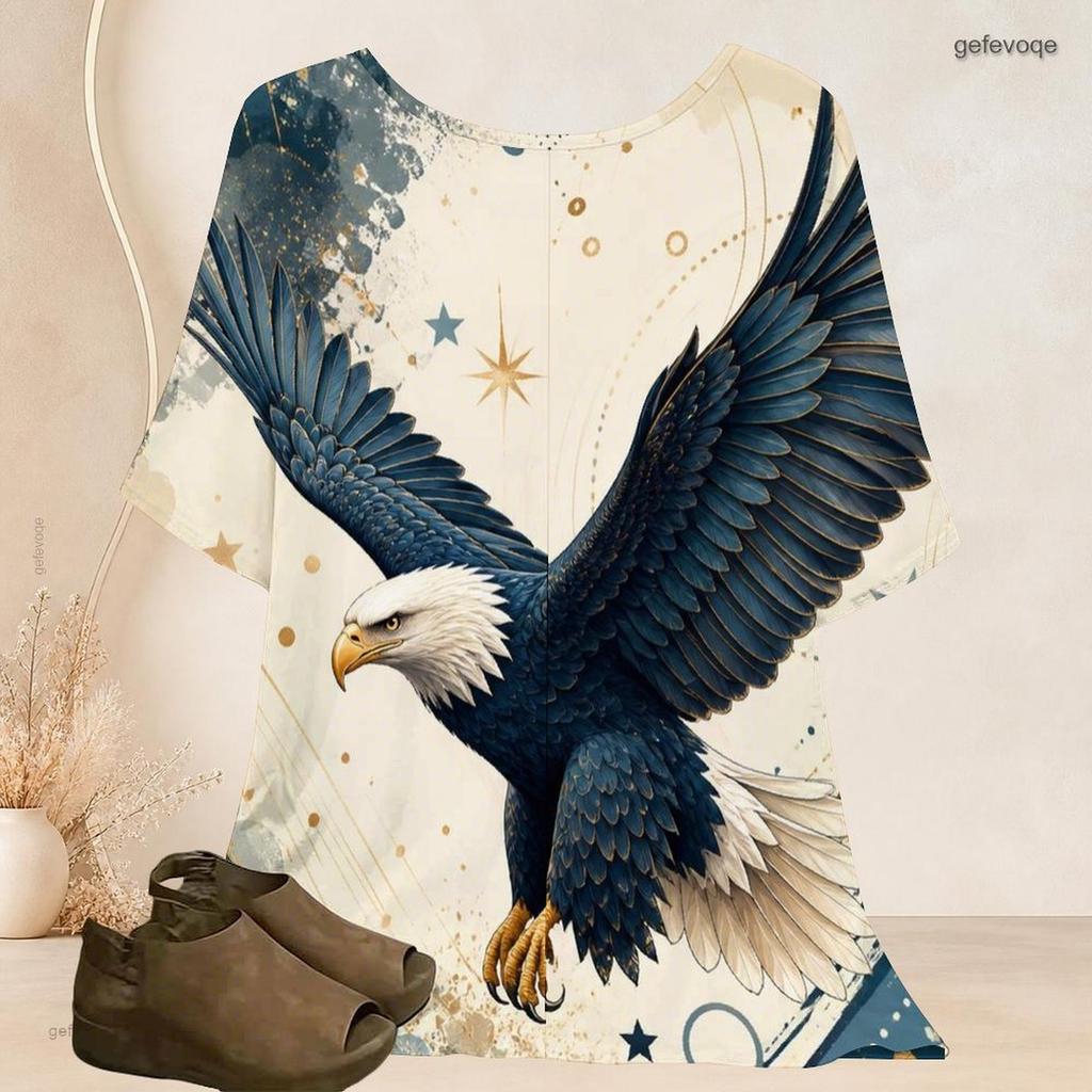 Women Plus Size Round Neck Batwing Short Sleeve Top Star Planet Cosmic Wave Print Loose Casual Tunic Blouse