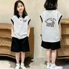 Girls' Stylish Lapel Sleeveless Cotton Polo Vest Set, Ages 6-12