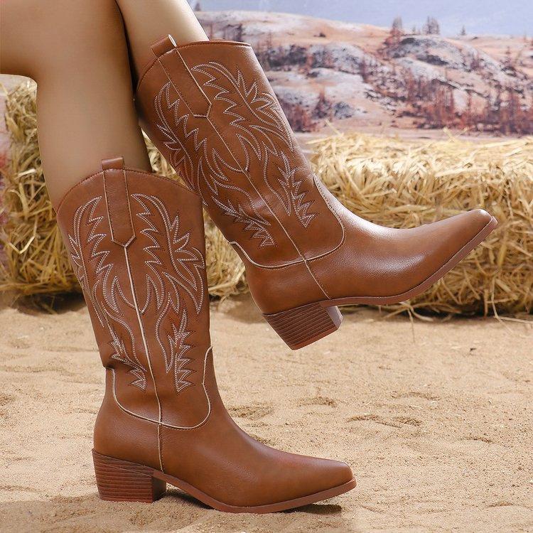 Women's Mid-calf Boots High Quality Casual Leather Boot Pointed Embroidered Western Cowboy Boots for Women Vintage Knight Boots