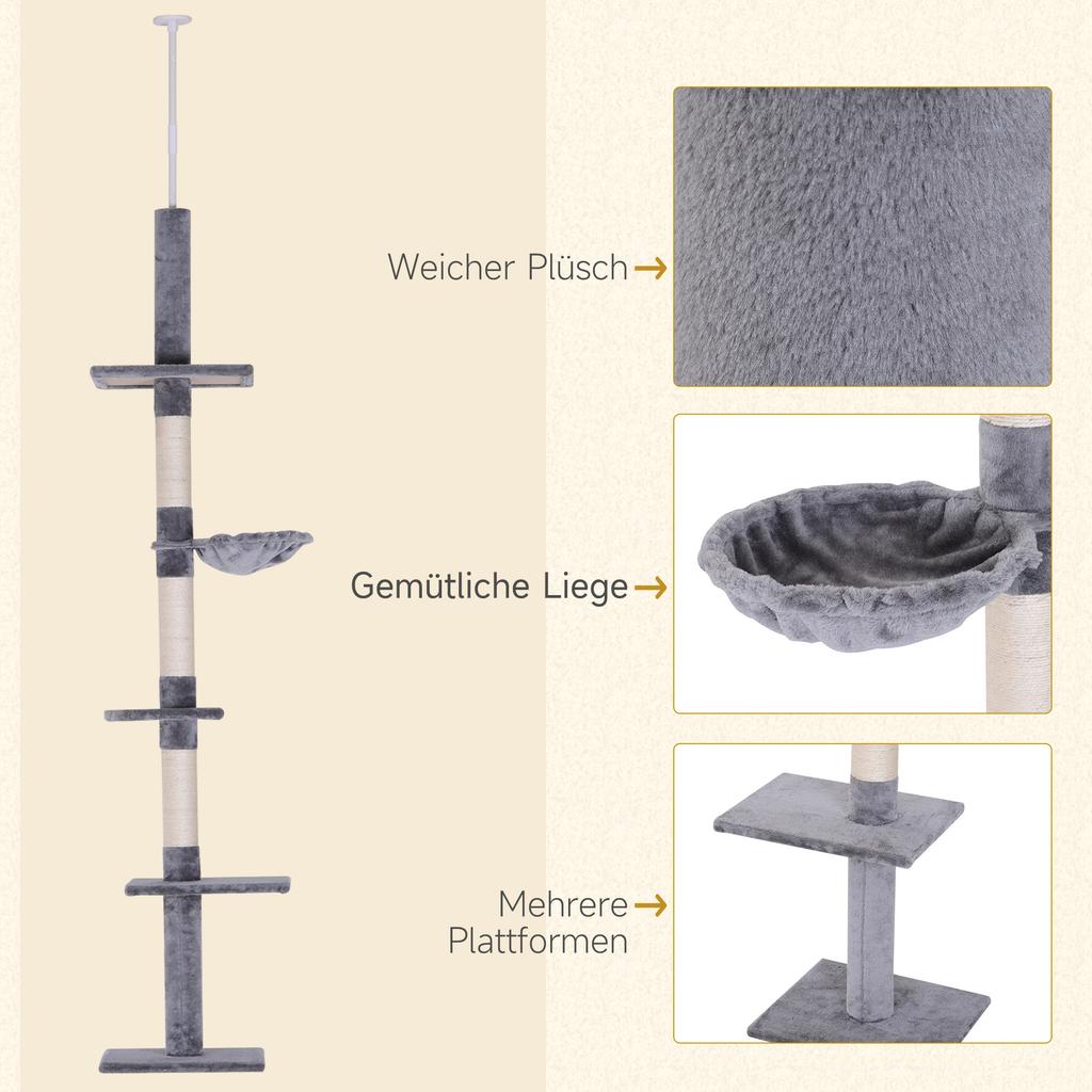 Floor to Ceiling Cat Tree 230-260cm Height Adjustable, 5-Tier Cat Tower with Scratching Posts, Hammock, Perches