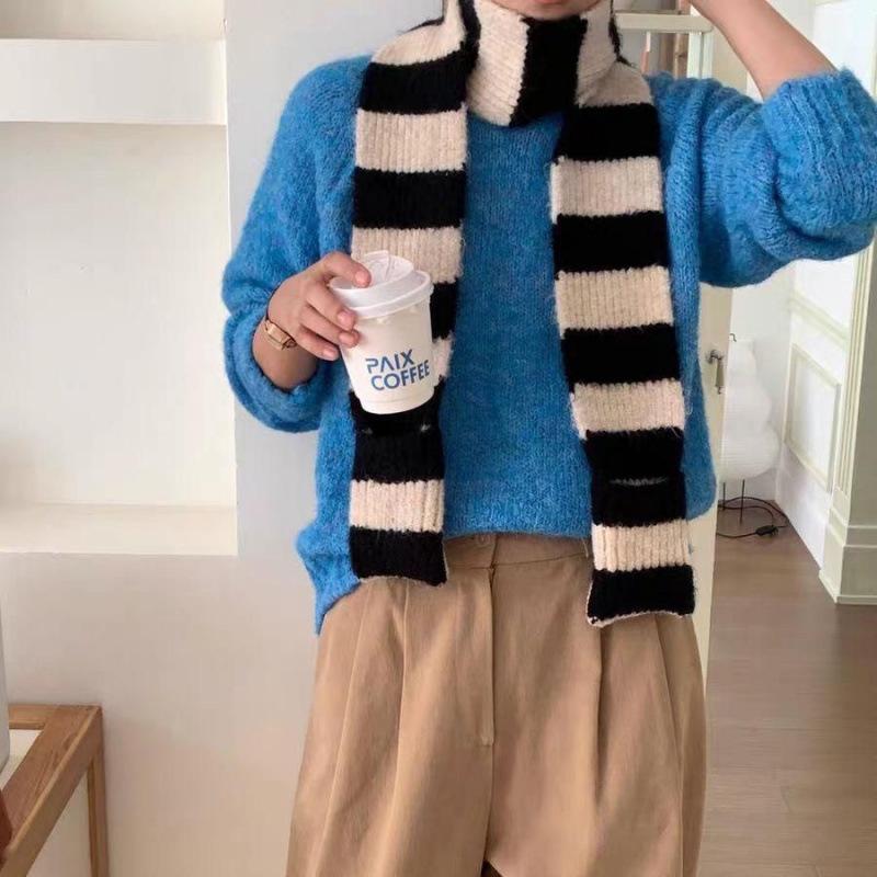 Winter Korean Style Scarf for Women Japanese Style Contrasting Stripes Versatile Simple Retro Wool Blended Knitted Warm Scarf for Men