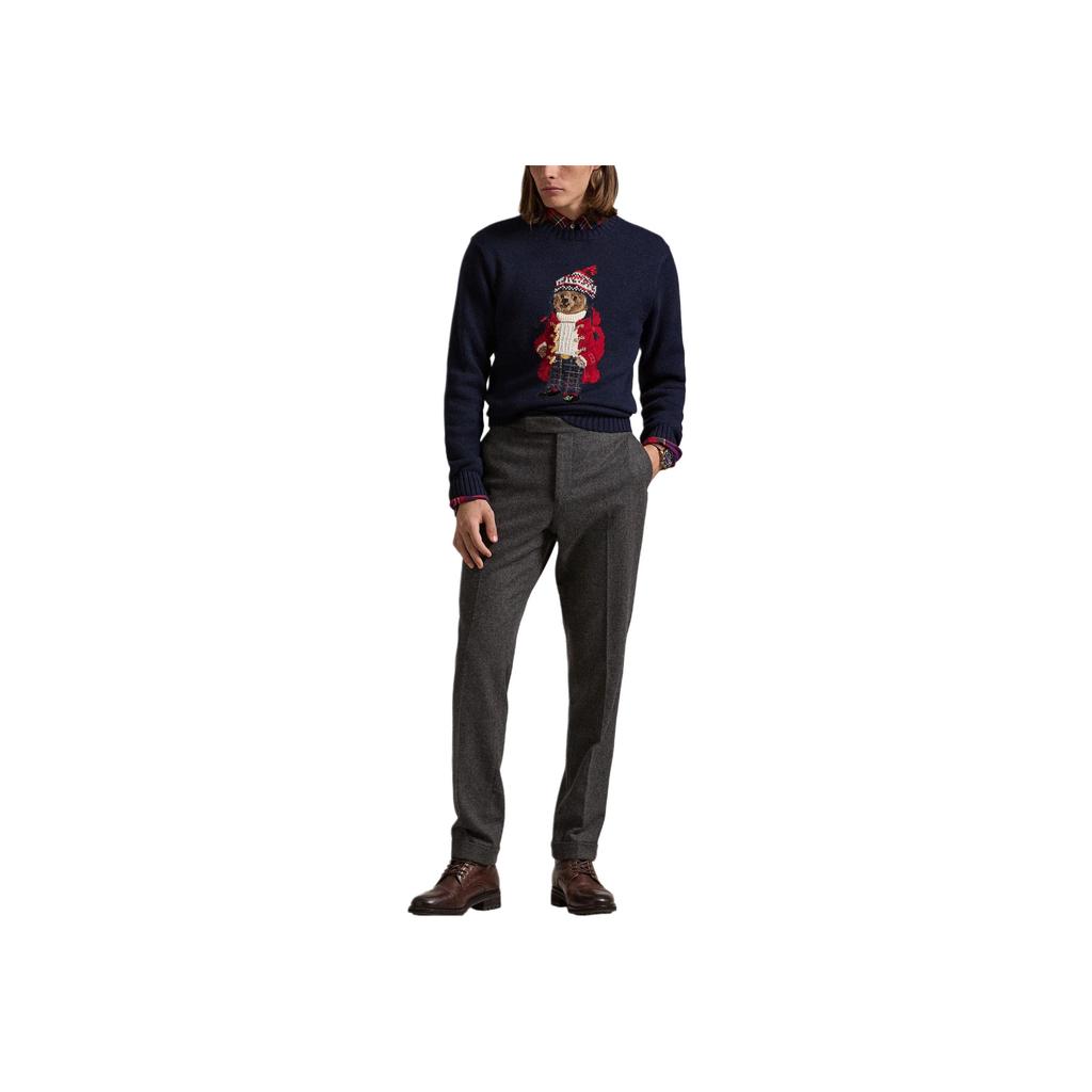 Polo Ralph Lauren Cartoon Pattern Letter Crew Neck Long Sleeve Pullover Sweater Men Sweater Navy-Blue 710952384-001