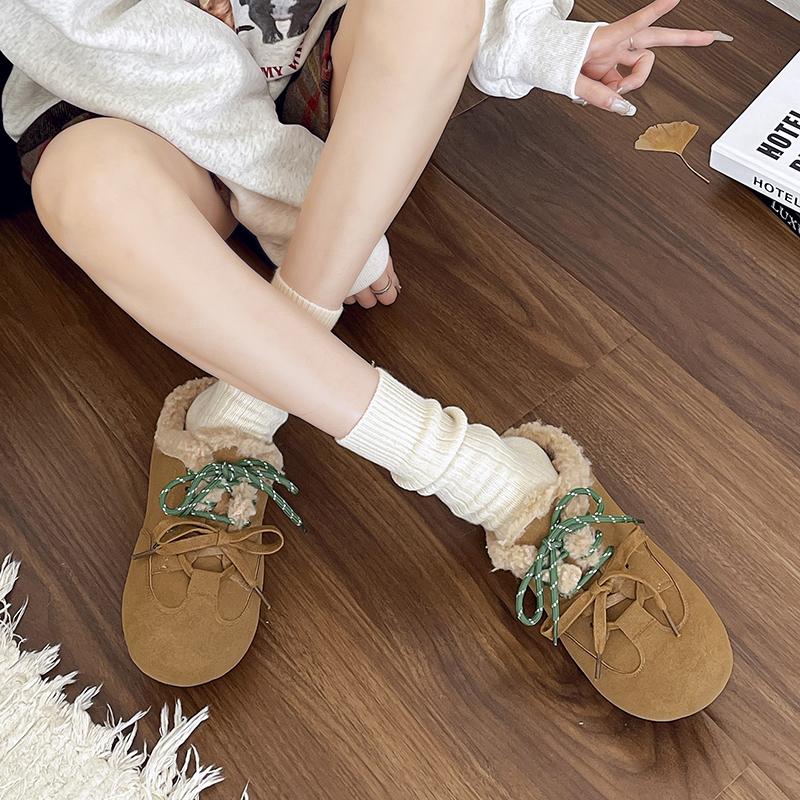 Fashion Aphixta Cow Suede Brown Slipper Furry Warm Women Mule Outside Plush Shoes Colorful Lace Up Slides Chaussures Femme Zapatos Mujer