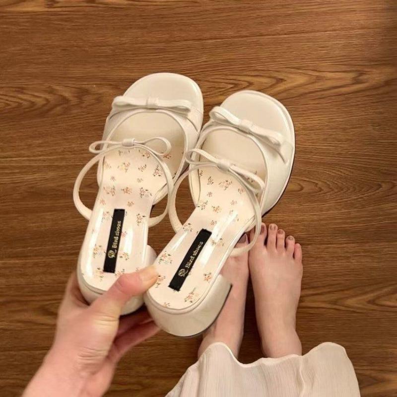 One word with sandals women's summer new thick heel with skirt bow wear high heel cool slippers