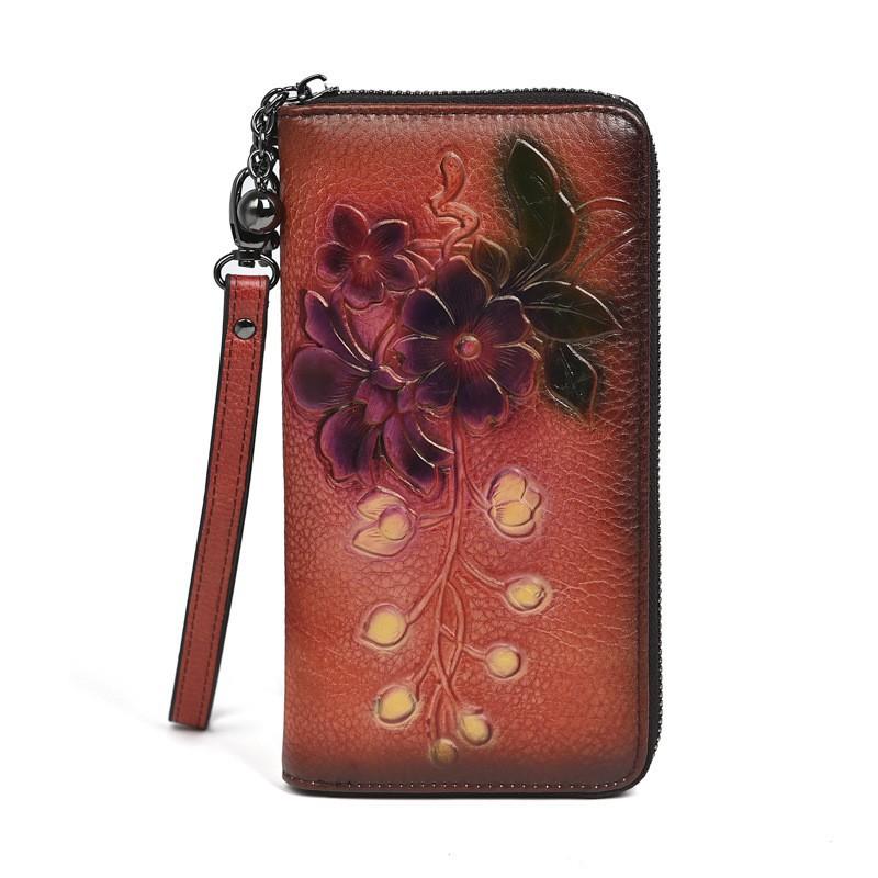 Retro Zipper Handbag Women's Small Bag Wallet Long Genuine Leather Fashionable Large-capacity Mobile Phone