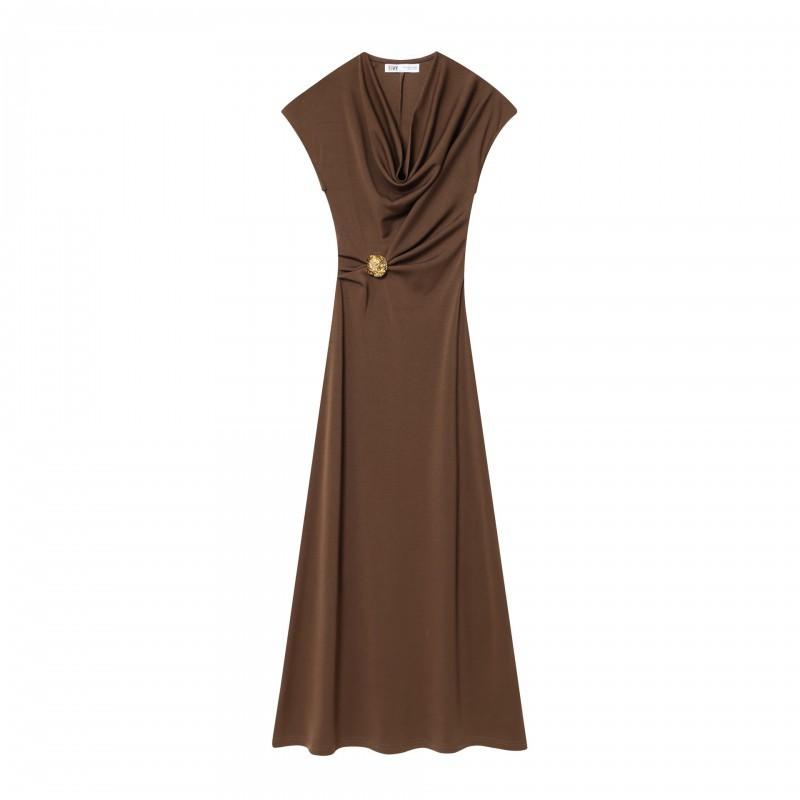 European American Women s Clothing Fashionable Swing Collar Waist Sleeveless Long Dress L коричневый