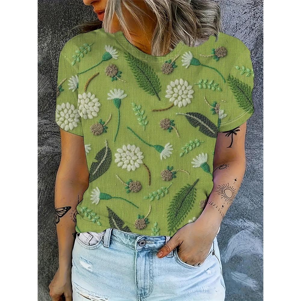 Summer Women's T Shirt Vintage Patchwork Pattern Tee Short Sleeve Women's Casual Short Sleeve Tee Round Neck Commuter Clothing