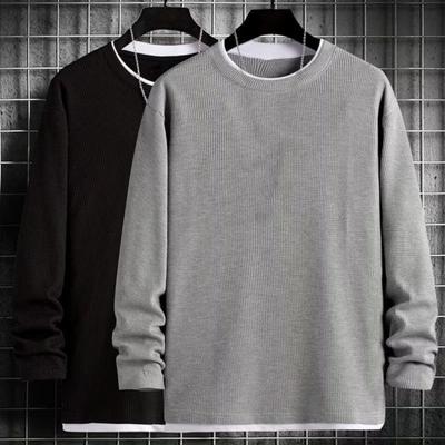 Men Sweatshirt Round Neck Long Sleeve Patchwork Color Fake Two Pieces Pullover Tops Waffle Texture Loose Fit Casual Tops
