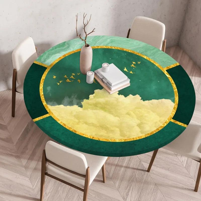 Waterproof Oil-Proof Reusable Tablecloths Round Tablecloth Wood Texture Tablecloths Elastic Fitted Home Round Table Cover