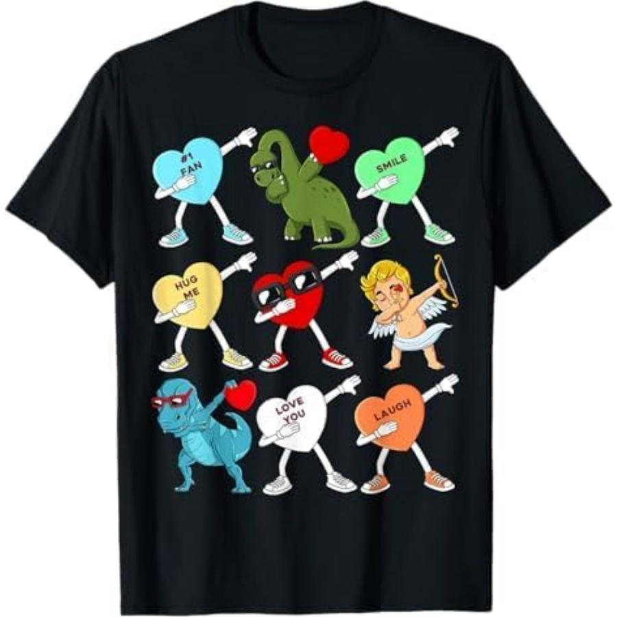 Valentines Day Dabbing Hearts Cupid T Rex Dino Dab Boys Kids T-Shirt HABI Black S