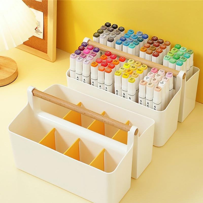 Practical Storage Box with Wooden Handle Multi Compartment Table Storage Box for Sorting Stationery Notebooks Folders