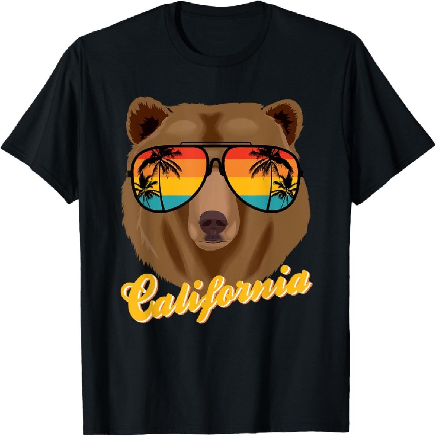 Крутая футболка с изображением калифорнийского медведя на закате, солнцезащитные очки, пляжные каникулы S