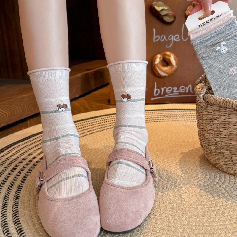 Children's Spring/Summer Collection Cute Cartoon Embroidered Socks - Women's Mid-Calf Socks with Boneless Trendy Stripes and Layered Design
