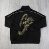American Vintage Printed Jacket Set Stand Collar Fleece Lined Zip Up Loose Fit Casual Men Women