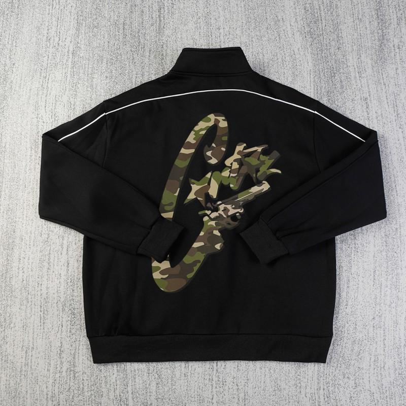 American Vintage Printed Jacket Set Stand Collar Fleece Lined Zip Up Loose Fit Casual Men Women