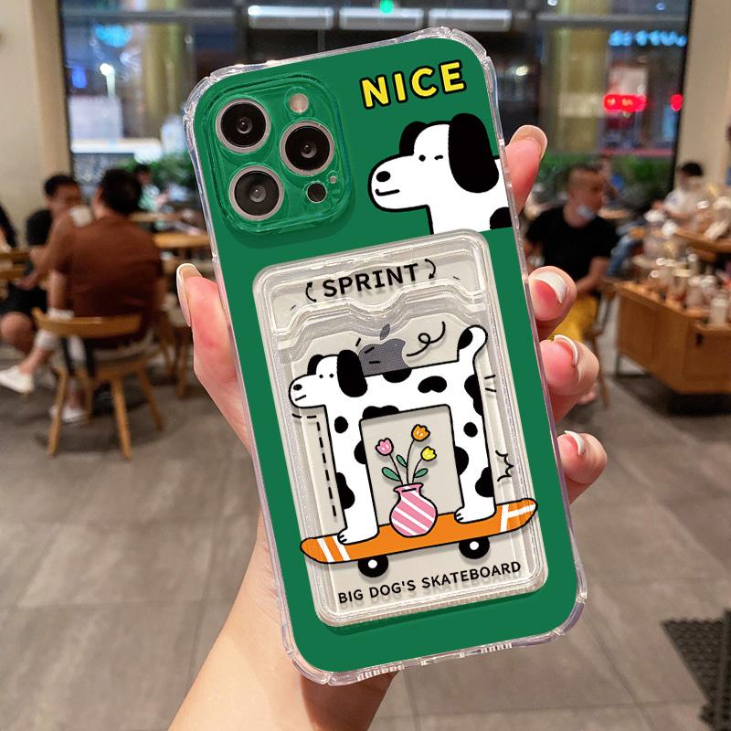 Transparent Card Slot Bag Holder Phone Case For iPhone 13 15 16 11 12 14 Pro Max XR XS X 7 8 Plus SE  Cartoon Cute Dog Cover