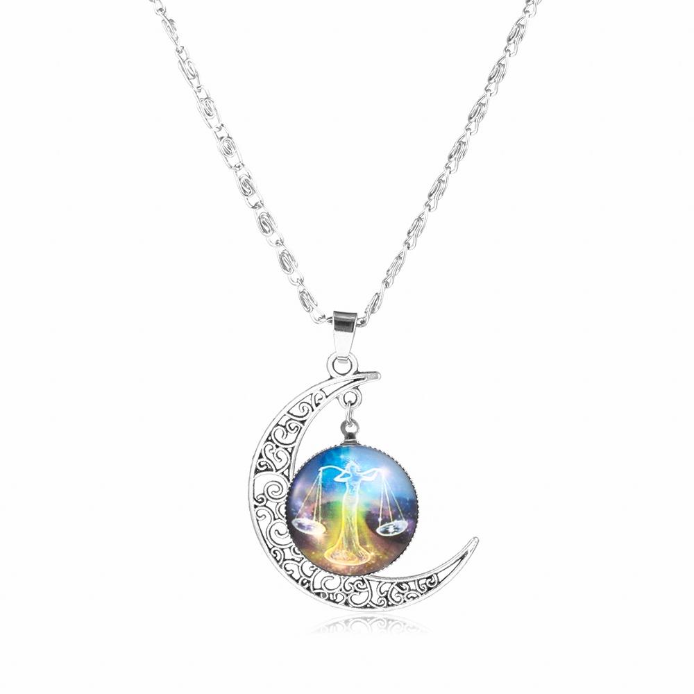 12 Zodiac Signs Glass Dome Crescent Moon Necklace for Women Aries Taurus Cancer Aquarius Pisces Necklace Fashion Party Jewelry