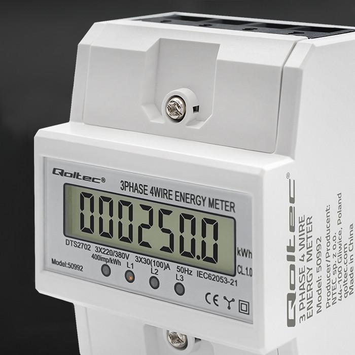 Qoltec Dreiphasen-bidirektionales elektronisches Messgerät | Energiezähler für Hutschiene | 400V | 100A | LCD | 4P