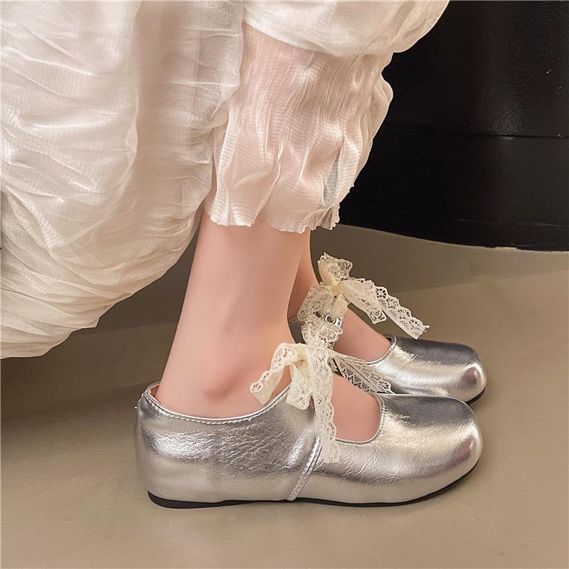 French lace shoelaces single shoes women's outer wear 2025 autumn new flat lace bow Mary Jane single shoes