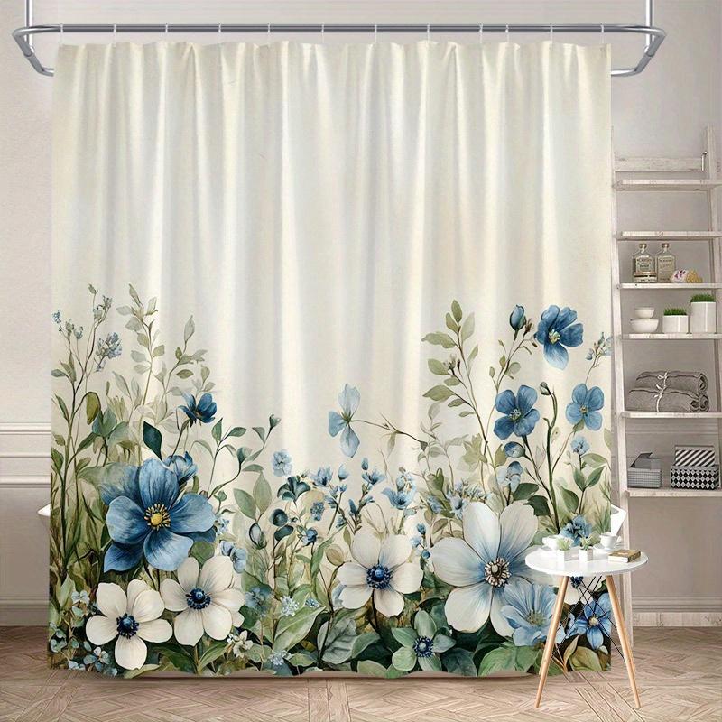 

Floral Watercolor Shower Curtain, Blue White Green Blooms, Polyester, 12 Hooks, Machine Washable W90xH180cm