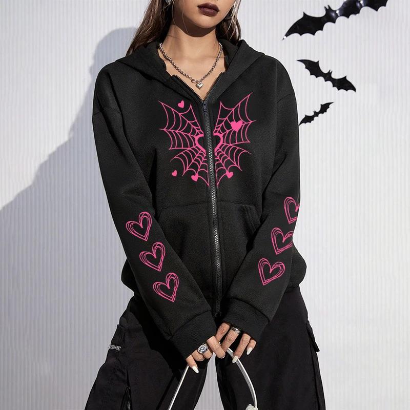 2025 Hot Sale Women's Hoodie Cute Spider Web Heart Print Zip-up Sweatshirt Fall Winter Female Urban Casual Fashion Hooded Jacket
