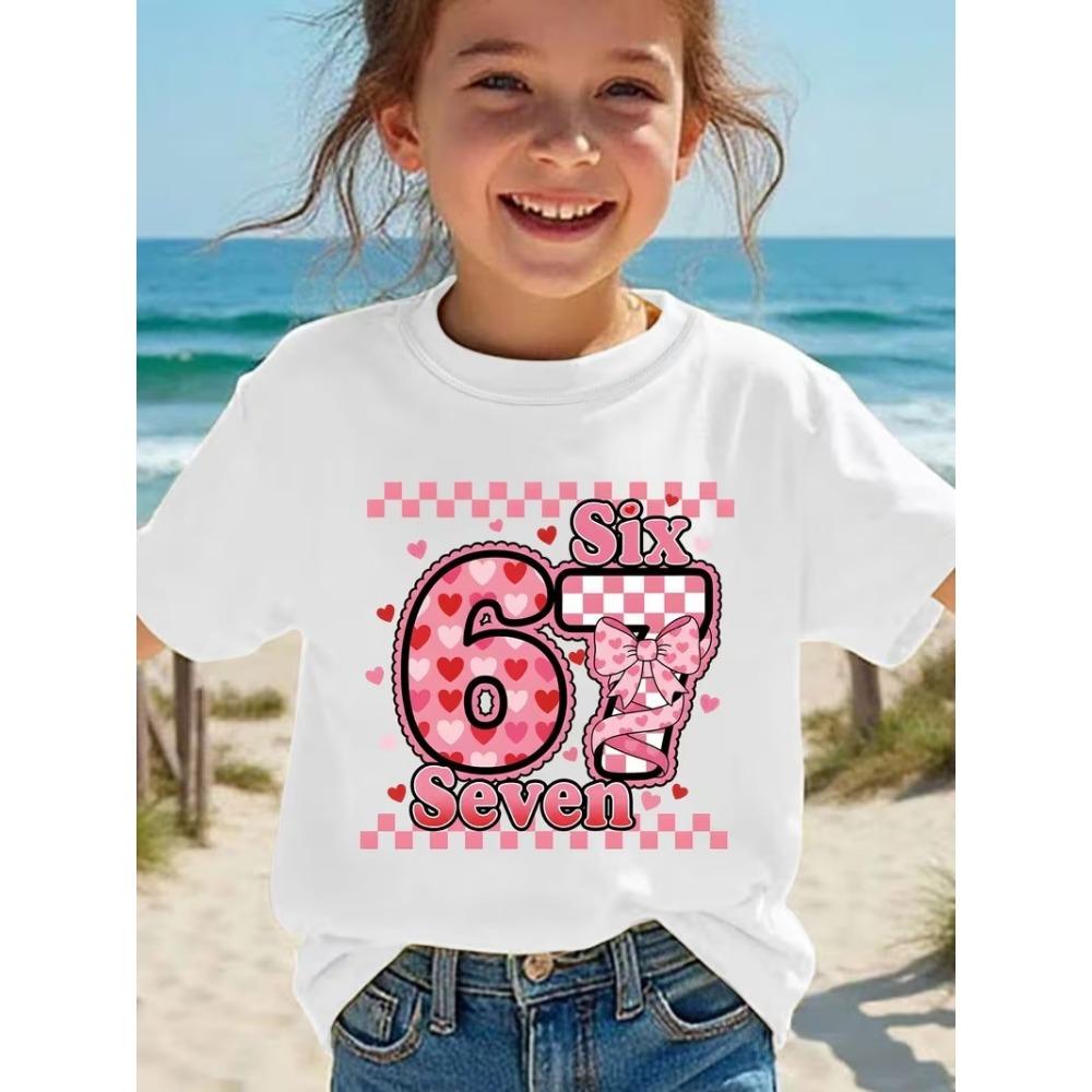 Summer Fashion Girls Cotton T-Shirt SIX SEVEN 67 Cartoon Pattern Print Kids Current Casual Top Children's Short Sleeved Shirt