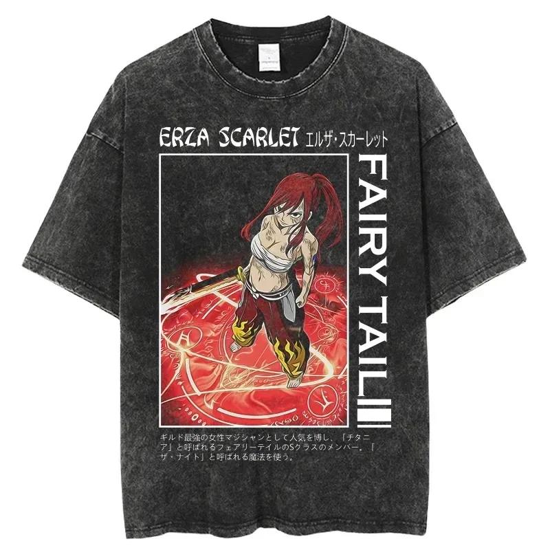 2026 Summer Vintage Washed Fairy Tail Manga Cover Anime T-Shirt Unisex Oversized Streetwear Cotton Short Sleeve Casual Tops