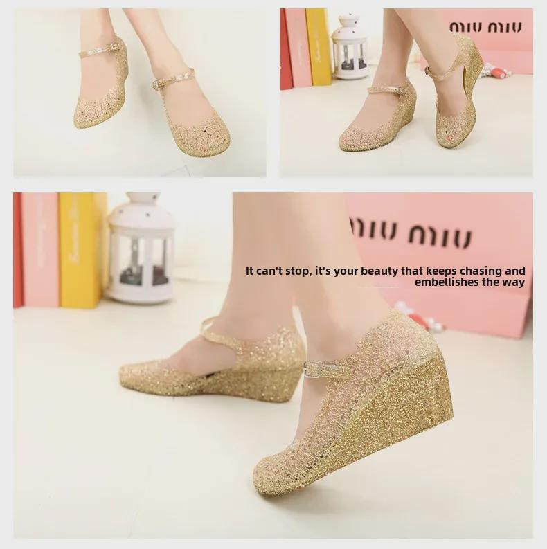 Dámské letní plážové sandály na vysokém podpatku s dutým klínkem - styl Square Dance