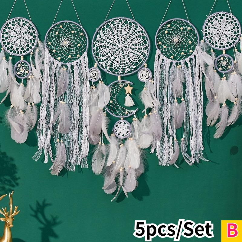 5pcs Boho Handmade Dreamcatcher Set Vintage Home Wall Artificial Imitation Feather Decorative Wall Hanging Bedroom Decorations