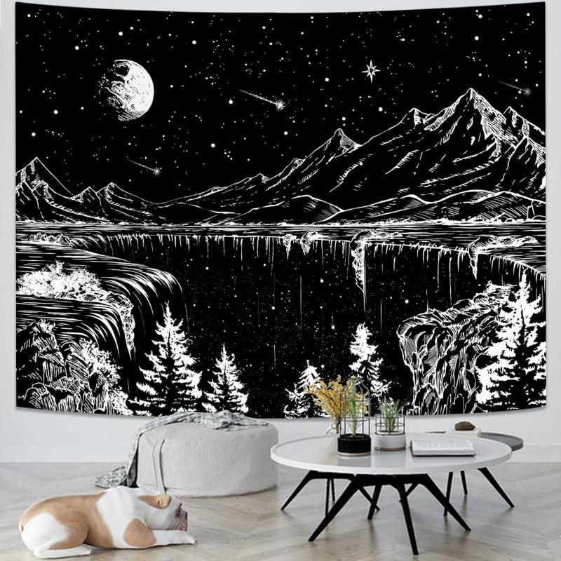 VIKAMA Black White Celestial Starry Night Tapestry Moon Mountain Dark Forest Wall Hanging Aesthetic Bedroom Home Decor