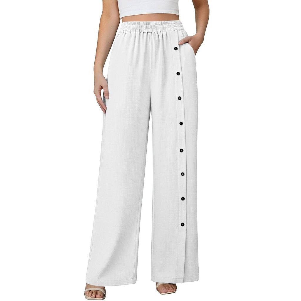 Women's Fashionable Color Button Elastic Waist Straight Tube High Waist Pocket Cotton Linen Casual Pants