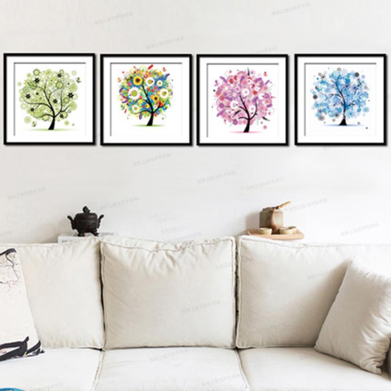 Blumenbaum Muster 4 Jahreszeiten DIY 5D Mosaik Runde Kristall Kreuzstich Diamantstickerei Kits, Packung mit 4 Heimdekoration