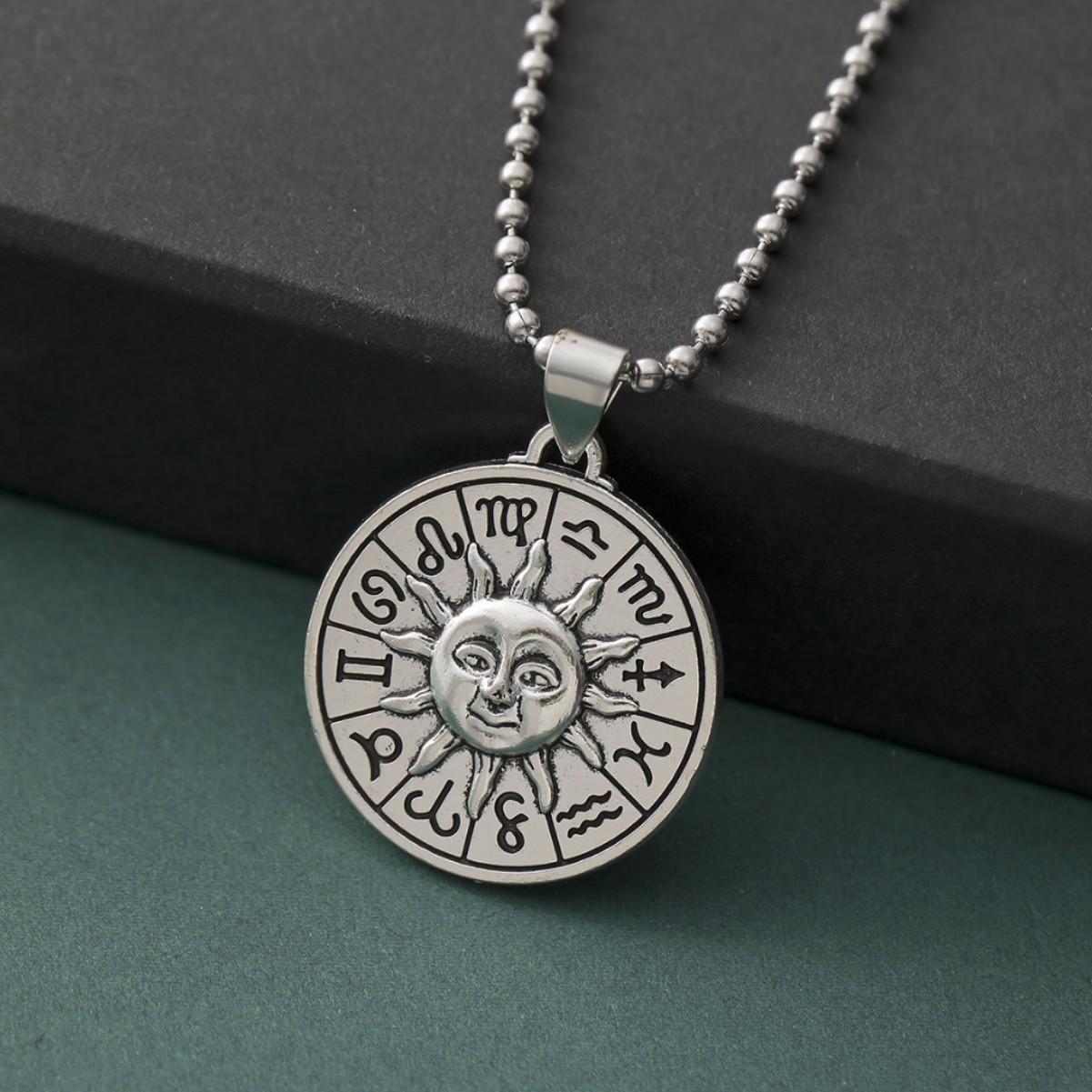 

Gothic Retro Twelve Zodiac Signs Engraved Stereo Abstract Human Face Sun Pendant Necklace for Men Women Fashion Jewelry Gift