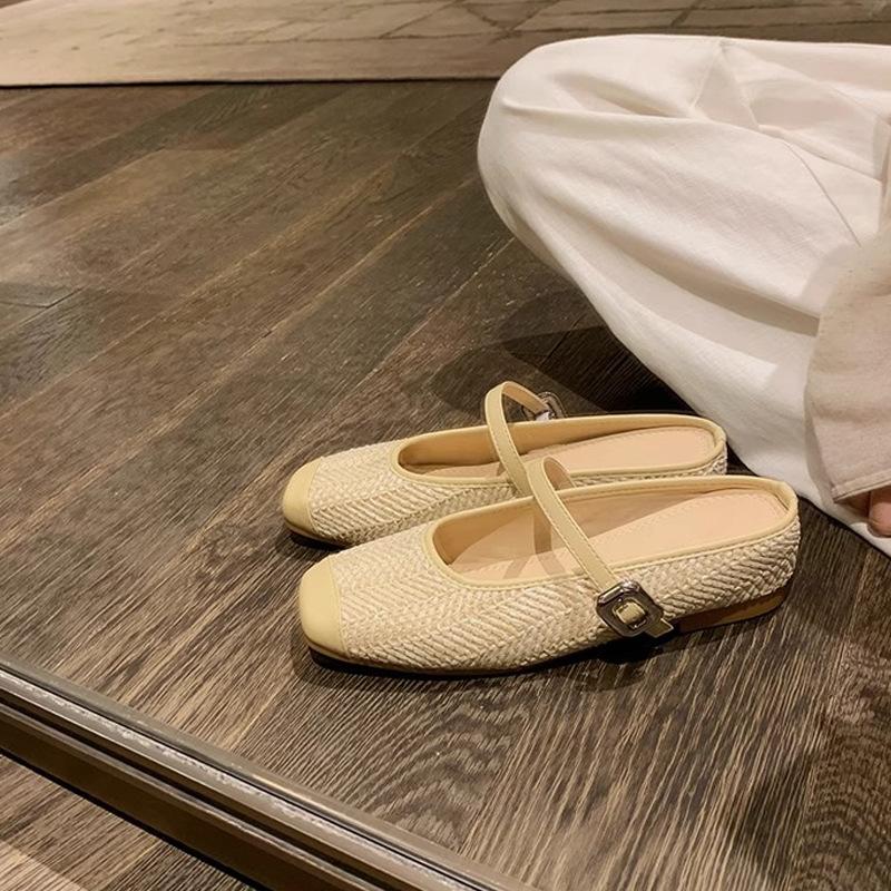 Fashion Summer Vacation Retro Shoes Women Square Head Lightweight Comfortable Slip On Lazy Slipper Breathable Mesh Hollow Casual Flats