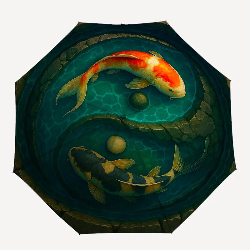 Yin Yang Koi Fish Pond Wall ArtDecorUmbrella, Portable 3-Fold Compact Umbrella for Men & Women Gift