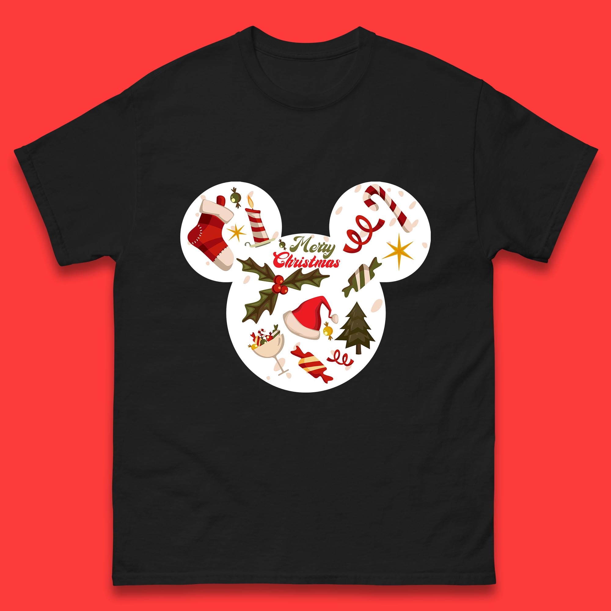 Merry Christmas Disney Mickey Mouse Head Mens T Shirt Womens Tops Tees Christmas Top S