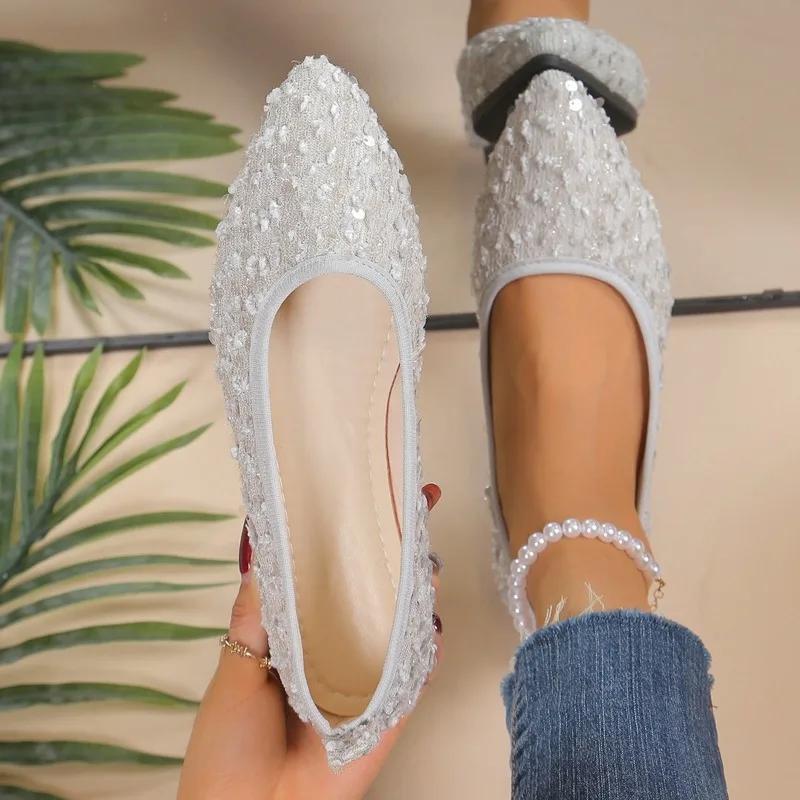 2024 Fashion Shoes for Women Autumn Women's Flats Slip On Pointed Toe Solid Sequins Shallow Mouth Large Size Flat Low Heels