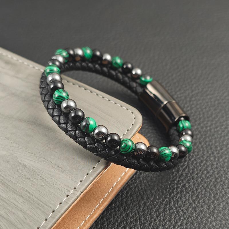 6mm Beaded Bracelet Peacock Stone / Agate / Hematite Bracelet Wood Grain Elastic Adjustment Men's Charm Bracelet Jewelry