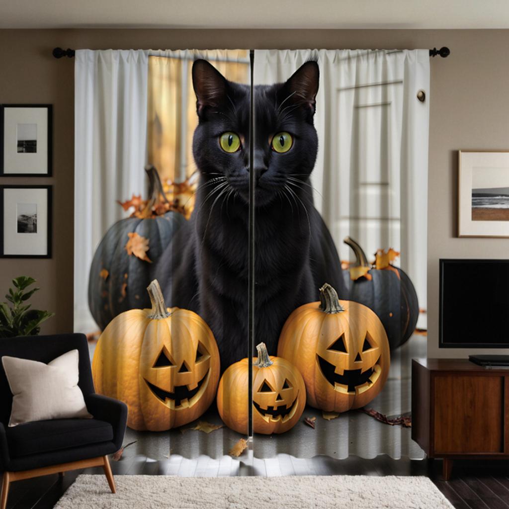 Set Of 2 Hd Halloween Black Cat Pumpkin Decorative Curtain Tie Digital Printed Home Decoration Style Decorate Polyester
