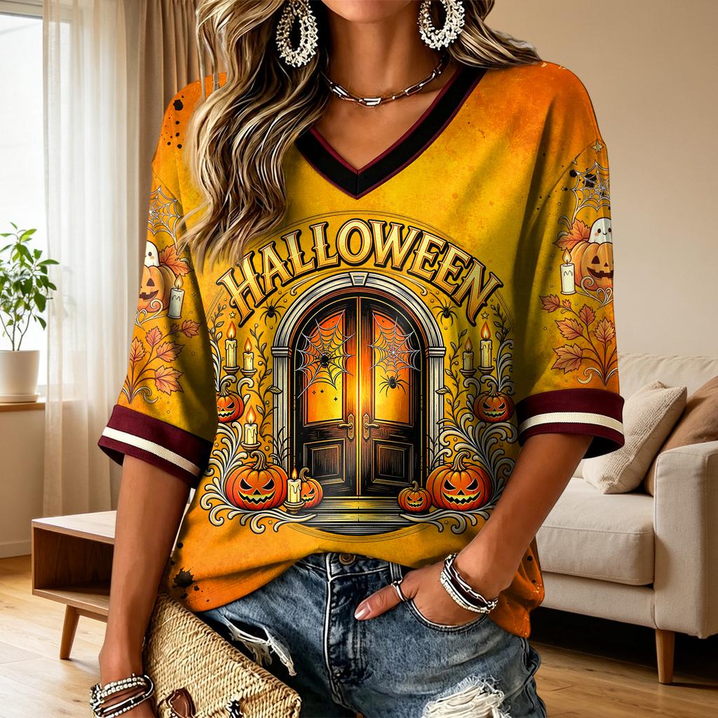 Women's Halloween Print V-Neck T-Shirt Casual Fashion Top