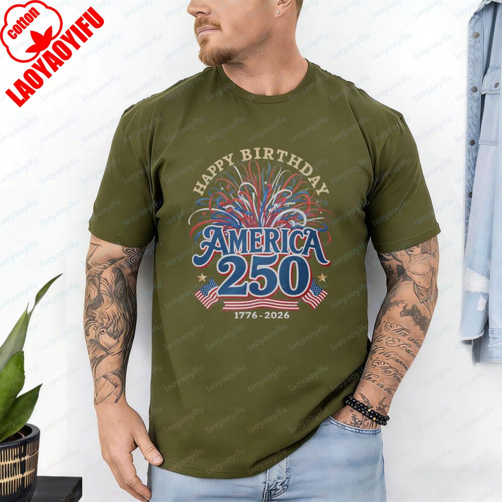 

Independence Day Tee Happy Birthday America 250 Shirt Patriotic Casual Cotton Tops Celebration Vintage Classic Mens Clothes S