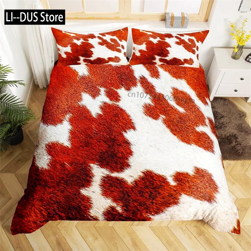 Cowhide Print Duvet Cover Queen Microfiber Western Farmhouse Animal Skin Fur Bedding Set 3pcs for Kids Teen Cow Quilt Cover