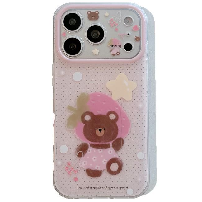 Cartoon Pink Strawberry Bear Headset Phone Case for iPhone 17/16 Pro Max/15 Pro