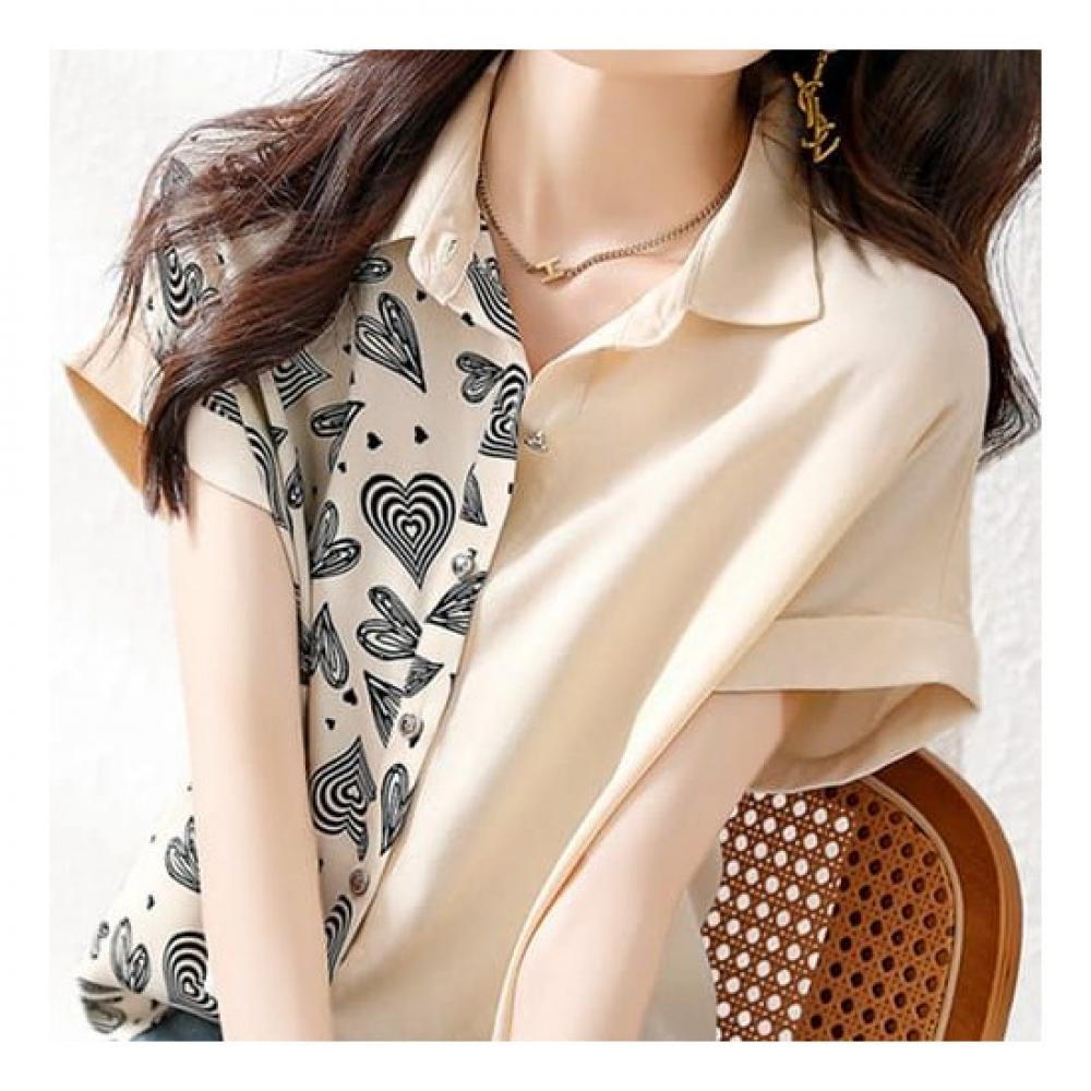 Navava Women Vintage Heart Print Short Sleeve Shirt Nb2207